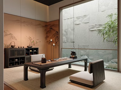 Japanese Style Tea Room With Dark Wood Table Cushioned Seats Wall Art And Tea Sets 3d model