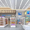 24 Hour Supermarket Interior With Shelves Daily Supplies Display Cases And Cashier Counter