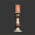Ornamental Candle Holder With Red Candle And Carved White Brown Base Design