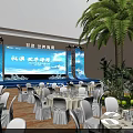Elegant Stage Design With Large Screen Lighting Dining Tables And Palm Tree 3d model