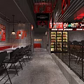Stylish Restaurant Interior With Bar Counter Beer Spirits Bottles Pendant Lights And Red Black Decor