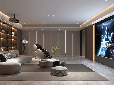 Modern Home Theater Room Interior With Large Screen TV Comfortable Sofa And Recliner Chairs 3d model
