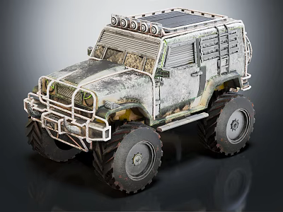 Camouflage Off Road Monster Truck With Solar Panel Roof Large Tires And Front Lights 3d model