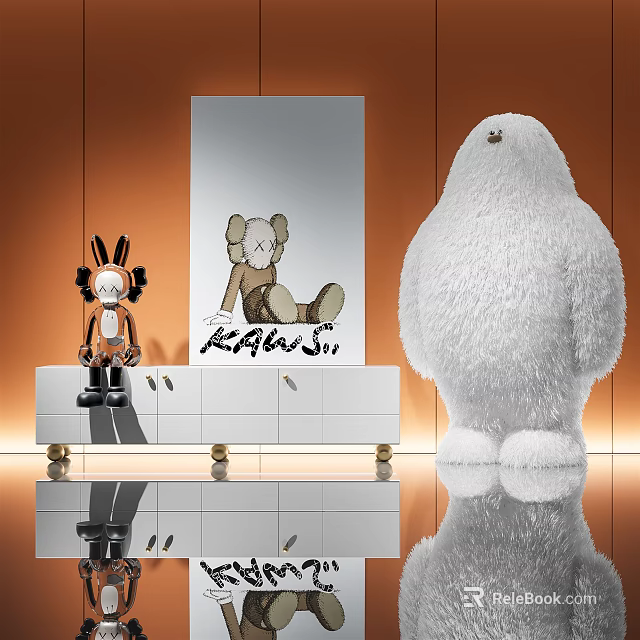 Kaws Style Plush Dolls And White Fluffy Toy Display On Modern Cabinet Interior 3d model 
