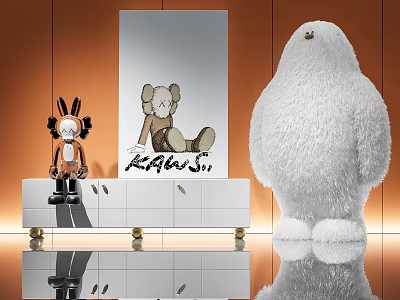 Kaws Style Plush Dolls And White Fluffy Toy Display On Modern Cabinet Interior 3d model