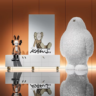 Kaws Style Plush Dolls And White Fluffy Toy Display On Modern Cabinet Interior 3d model