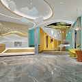 Modern Front Desk Reception Area With Cloud Decor Tree Shaped Wall Art And Marble Flooring 3d model