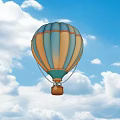 Blue And Yellow Striped Hot Air Balloon Floating In Blue Sky With White Clouds