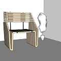 Modern Wooden Chair With Slat Structure And Green Plant In Minimalist Space
