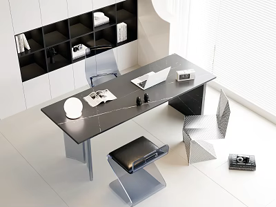 Modern Black Home Office Desk With Laptop Lamp Books Chair And Bookshelf 3d model