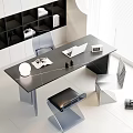 Modern Black Home Office Desk With Laptop Lamp Books Chair And Bookshelf