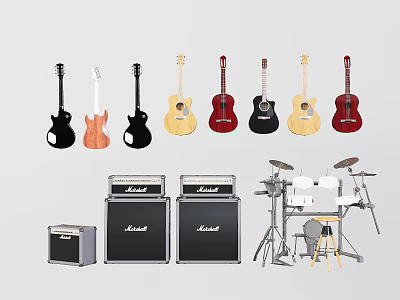 Assorted Acoustic Electric Guitars Drum Set and Marshall Amplifiers Musical Instruments Collection 3d model