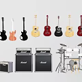 Assorted Acoustic Electric Guitars Drum Set and Marshall Amplifiers Musical Instruments Collection