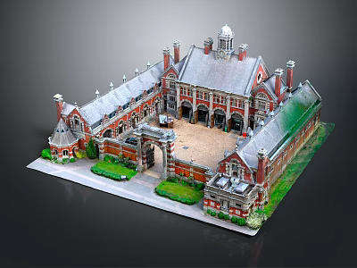 Cartoon Style Grand Building Scene With Red Brick Towers Spires Courtyard Green Lawns And Gate 3d model