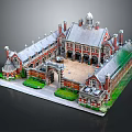 Cartoon Style Grand Building Scene With Red Brick Towers Spires Courtyard Green Lawns And Gate