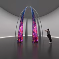 Colorful Art Installation With Arched Structure And Vibrant Hanging Light Elements Person Viewing 3d model