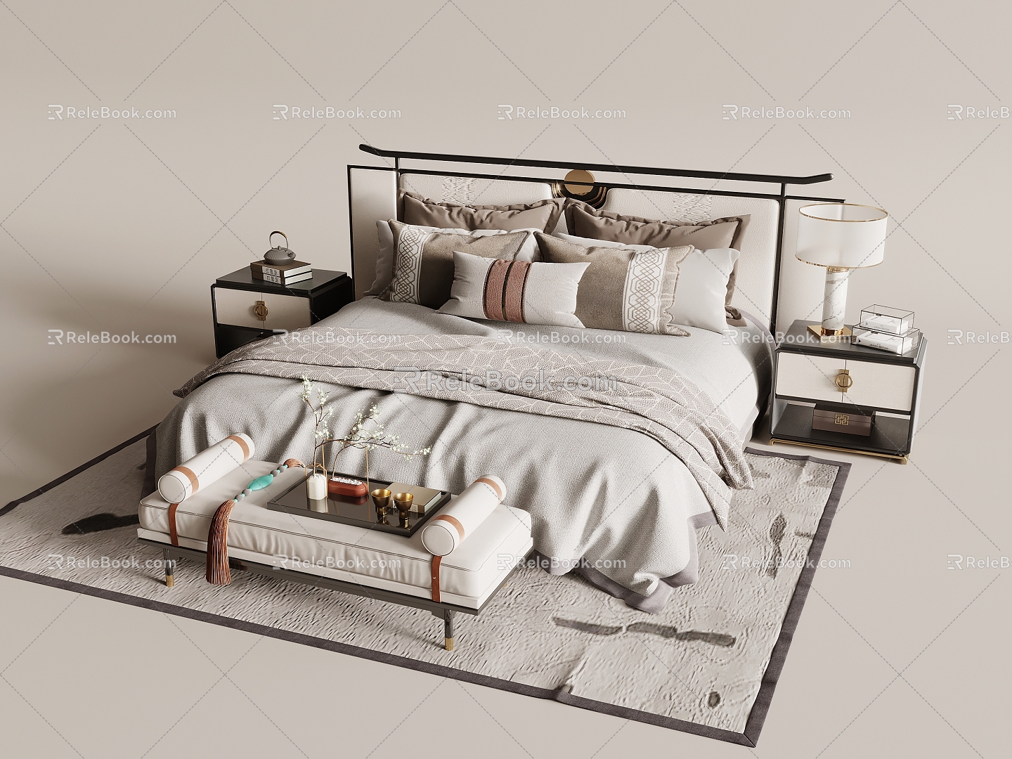 New Chinese Bed Combination Double Bed 3d model