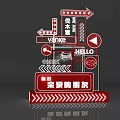 Red Black Decorative Signage with Arrows Dots Texts and Basketball