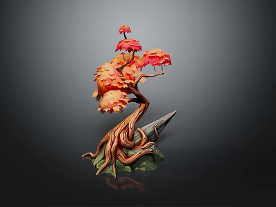 Cartoon Scene Featuring Tree With Red Orange Leaves Twisted Trunk Coiled Roots And Rock Base 3d model