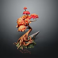 Cartoon Scene Featuring Tree With Red Orange Leaves Twisted Trunk Coiled Roots And Rock Base