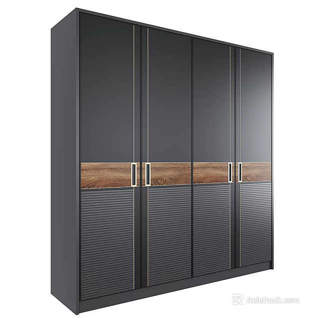 Modern Sleek Dark Wardrobe With Wooden Accents Metal Handles And Vertical Stripes 3d model 