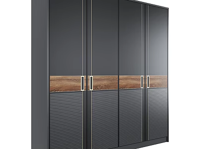 Modern Sleek Dark Wardrobe With Wooden Accents Metal Handles And Vertical Stripes 3d model