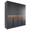 Modern Sleek Dark Wardrobe With Wooden Accents Metal Handles And Vertical Stripes