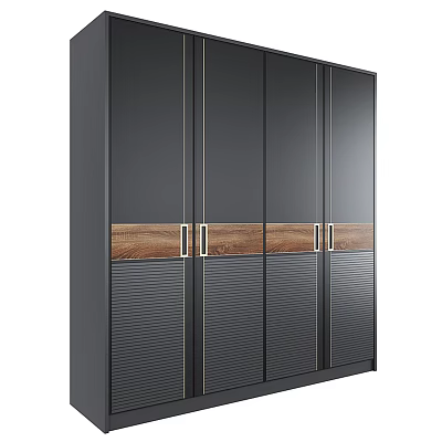 Modern Sleek Dark Wardrobe With Wooden Accents Metal Handles And Vertical Stripes 3d model