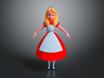 Alice Game Movie Character With Golden Long Hair Red White Dress And White Apron 3d model