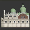 Classical Style Building With Green Domes White Exterior And Arched Windows 3d model
