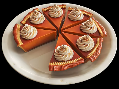 Delicious Sliced Pumpkin Pie Topped With Whipped Cream On White Plate 3d model