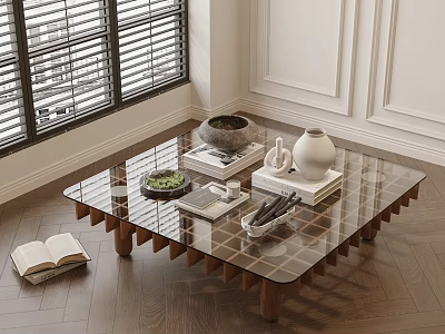 Glass Top Coffee Table With Books Potted Plant Vase On Wooden Floor By Window Blinds 3d model