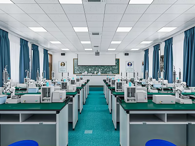 Modern Laboratory With Green Countertop Lab Benches Blue Curtains White Ceiling And Equipment 3d model