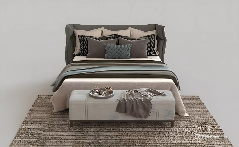 Modern Double Bed With Upholstered Headboard Pillows Blanket And Bedside Bench 3d model