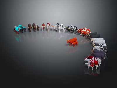 Various Colored Cow Breeds Arranged in Arc Formation with Central Orange Cow Standing Out 3d model