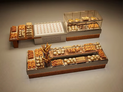 Wooden Bakery Display Shelves With Glass Cases Holding Assorted Bread And Pastries 3d model