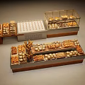 Wooden Bakery Display Shelves With Glass Cases Holding Assorted Bread And Pastries