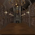 Classical Library Interior With Wooden Bookshelves Ornate Chandeliers And Stone Fireplace