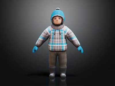 Cartoon Character In Winter Outfit With Blue Pom Pom Hat Plaid Coat And Gloves 3d model