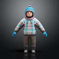 Cartoon Character In Winter Outfit With Blue Pom Pom Hat Plaid Coat And Gloves