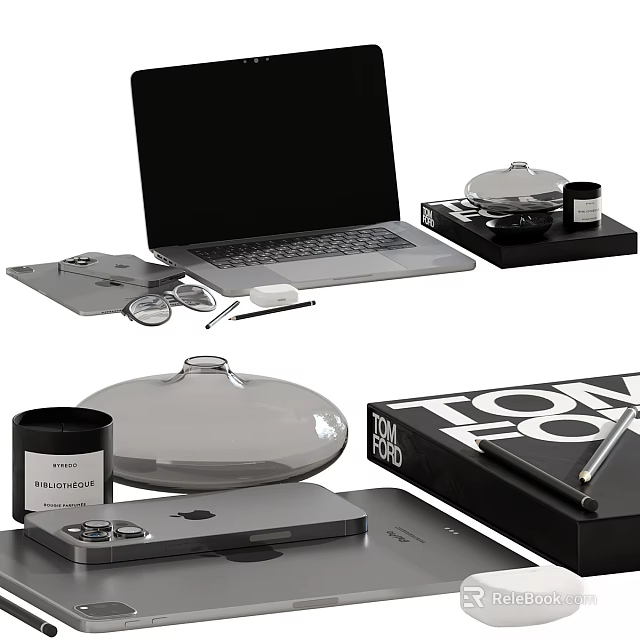 Modern Office Decorative Ornaments Set With Laptop Stationery And Storage Boxes 3d model 