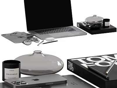 Modern Office Decorative Ornaments Set With Laptop Stationery And Storage Boxes 3d model
