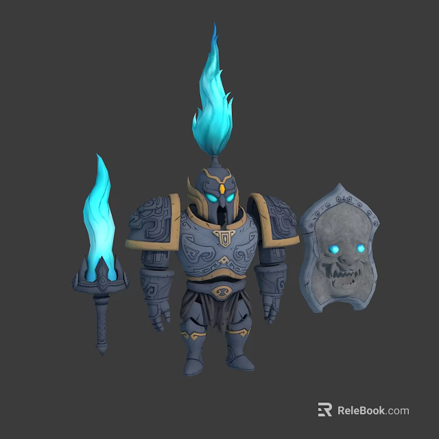 Mythic Armored Character With Blue Flame Helmet Torch Shield And Armor Details 3d model 