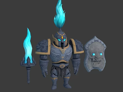 Mythic Armored Character With Blue Flame Helmet Torch Shield And Armor Details 3d model