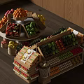 Wooden Fruit Display Shelf With Fresh Strawberries Green Apples Lemons Oranges Watermelons And Packaged Items