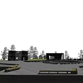 Modern Park Landscape Featuring Wooden Structure Grassland Trees And Deck Stairs Railing