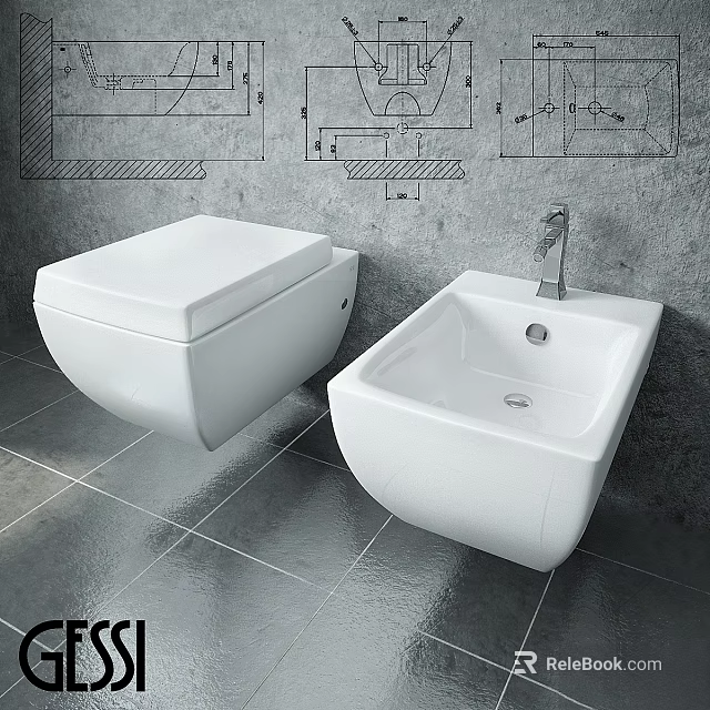 Modern Wall Mounted Toilet And Square Sink With Technical Drawings On Concrete Wall 3d model 