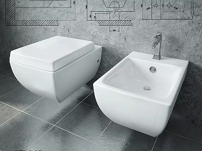 Modern Wall Mounted Toilet And Square Sink With Technical Drawings On Concrete Wall 3d model