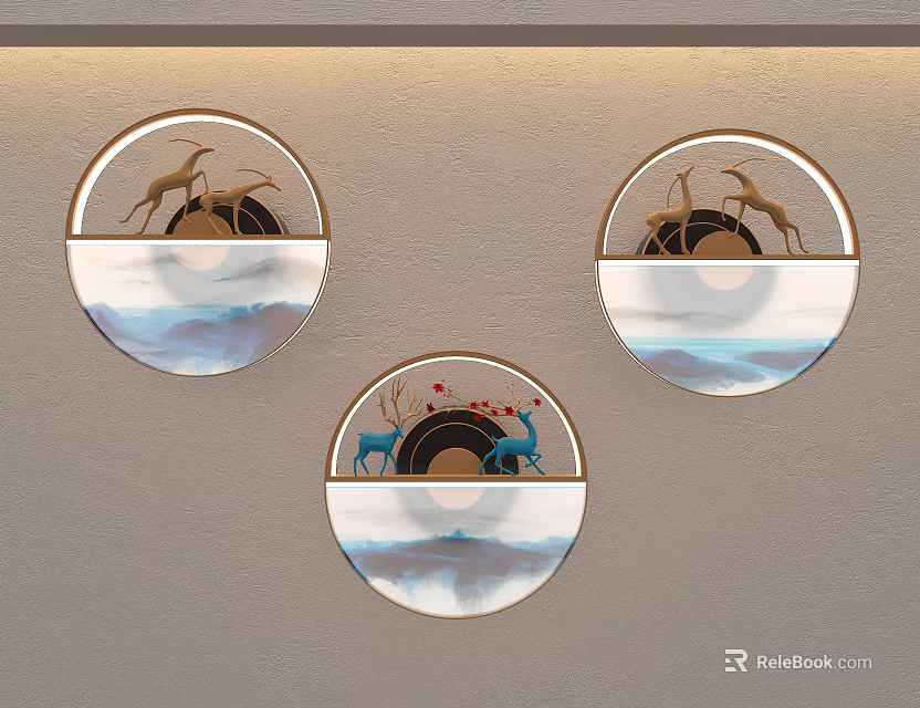 Circular Wall Lamps With Deer And Mountain Cloud Design For Home Decor 3d model 