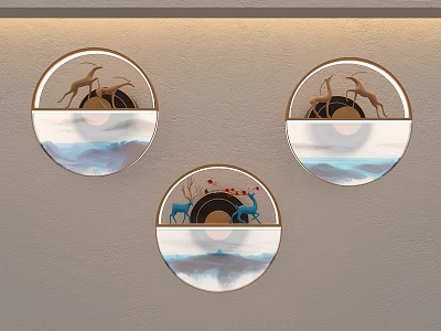 Circular Wall Lamps With Deer And Mountain Cloud Design For Home Decor 3d model